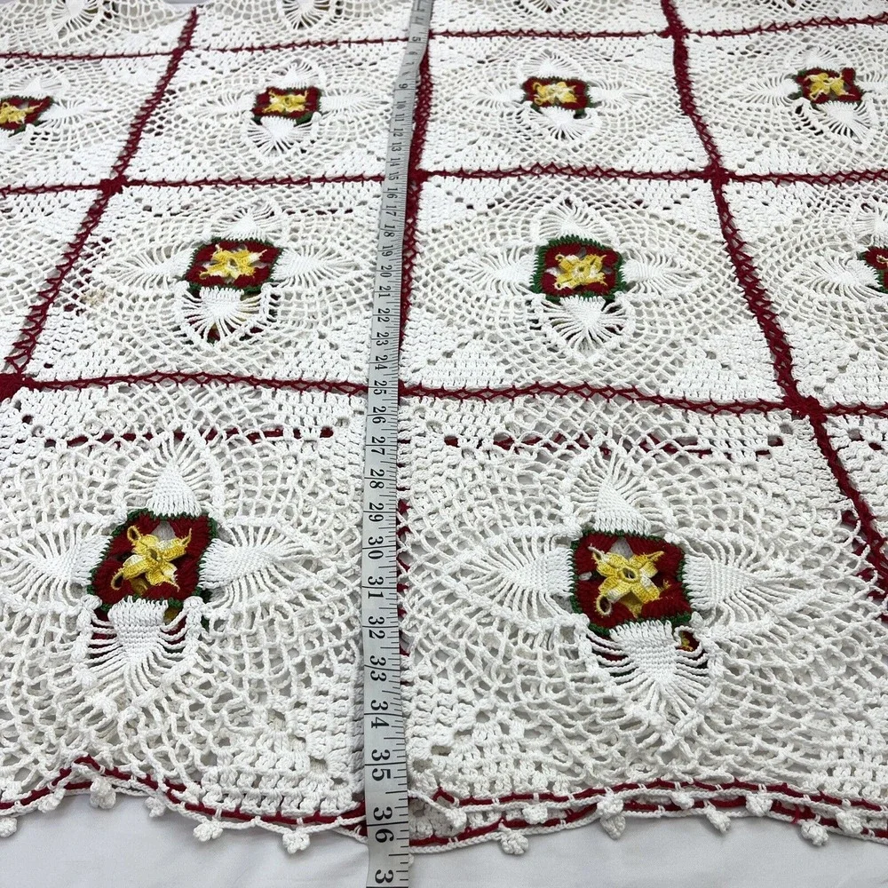 Vintage Crocheted Table Cover Squares White‎ Red 50x70 (Christmas) Gold
